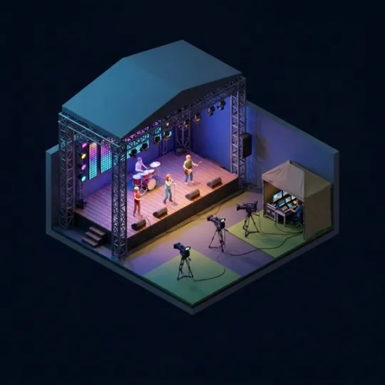 Scène de festival captée en multicam avec structure lumière et régie sous tente