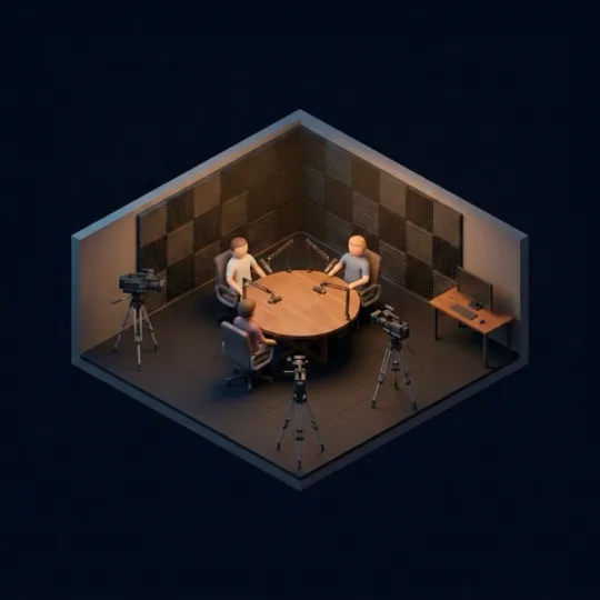 Studio podcast acoustique avec table ronde, micros sur bras et caméras
